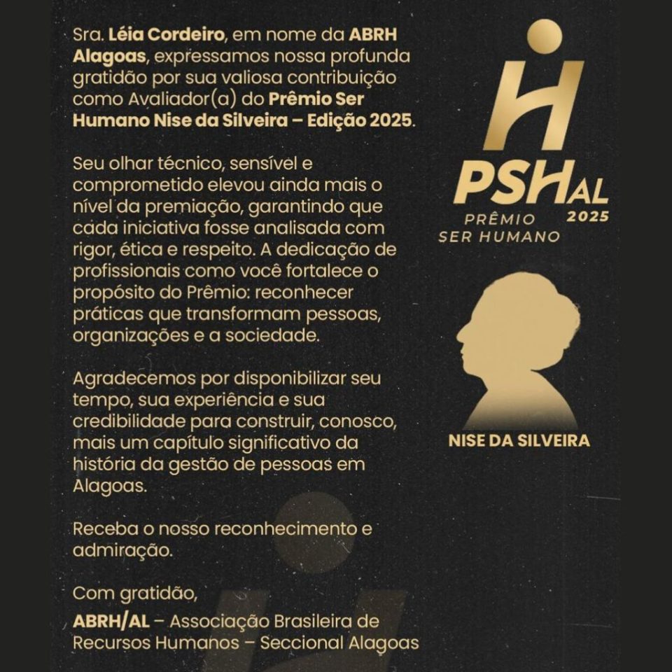 ABRH-AL reconhece a contribuição de Léia Cordeiro no PSHAL 2025